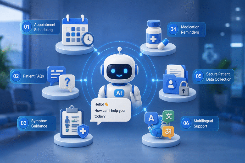 “AI healthcare chatbot with six capabilities: appointment scheduling, patient FAQs, symptom guidance, medication reminders, secure patient data collection, and multilingual support.”