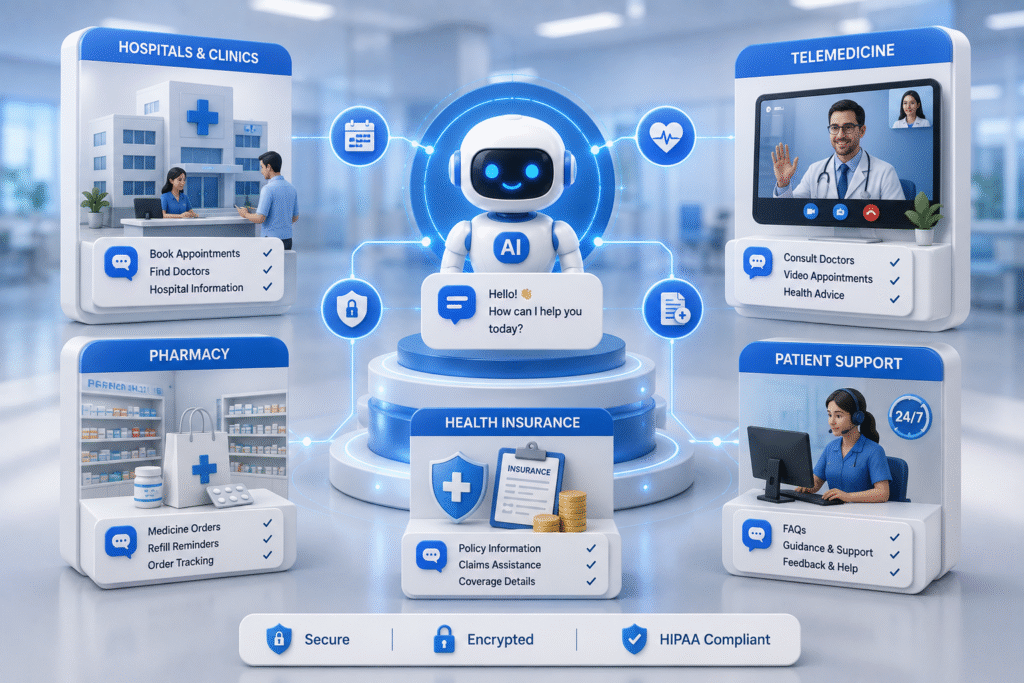 “AI healthcare chatbot connected to hospitals, telemedicine, pharmacy, health insurance, and patient support services.”